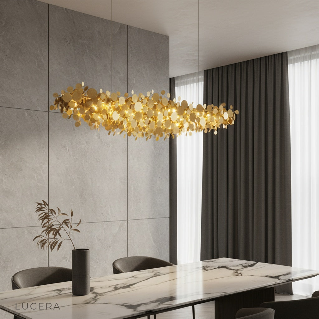 Hinge Chandelier glowing above modern dining table with metallic discs