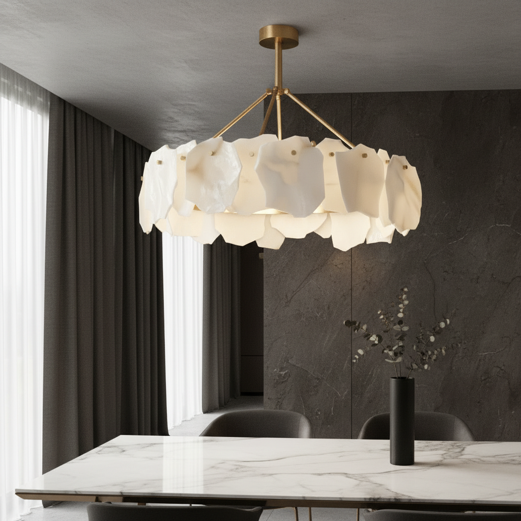 Spindle Alabaster Chandelier glowing in modern living room with copper accents