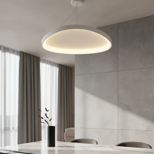 modern yurt ceiling light glowing in contemporary living room with warm ambient light