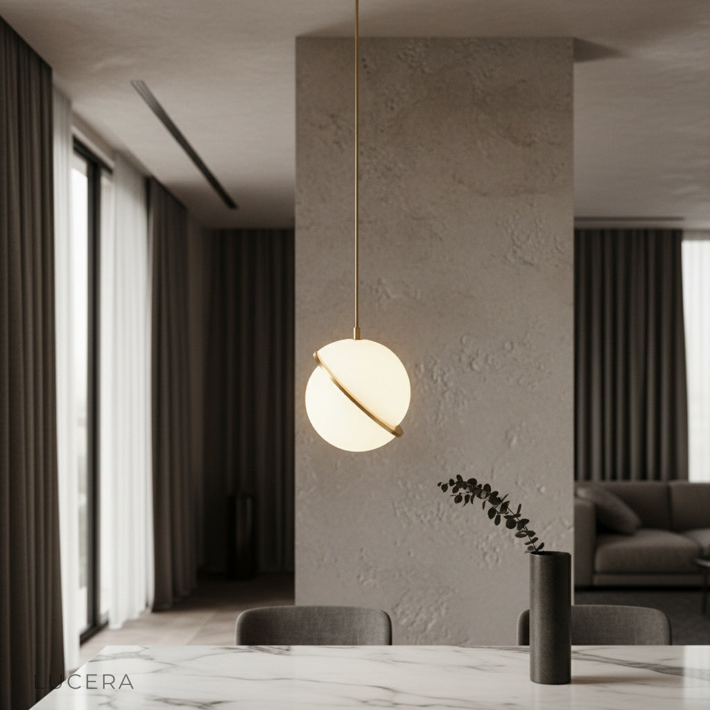 Igneous pendant light glowing over modern dining table in stylish living room