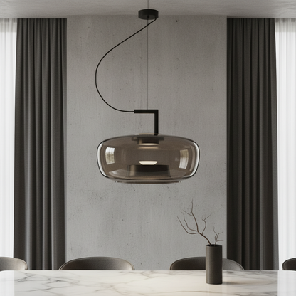 Yardang pendant light glowing over modern living room sofa with vintage decor accents