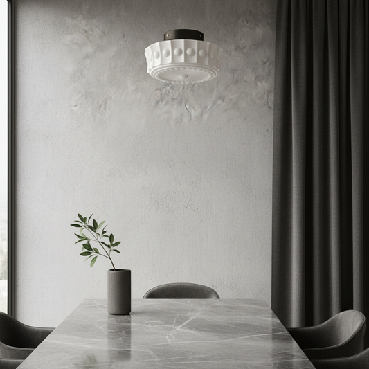 Xystus vintage flush mount ceiling light illuminating a cozy bedroom with sunburst glass shade
