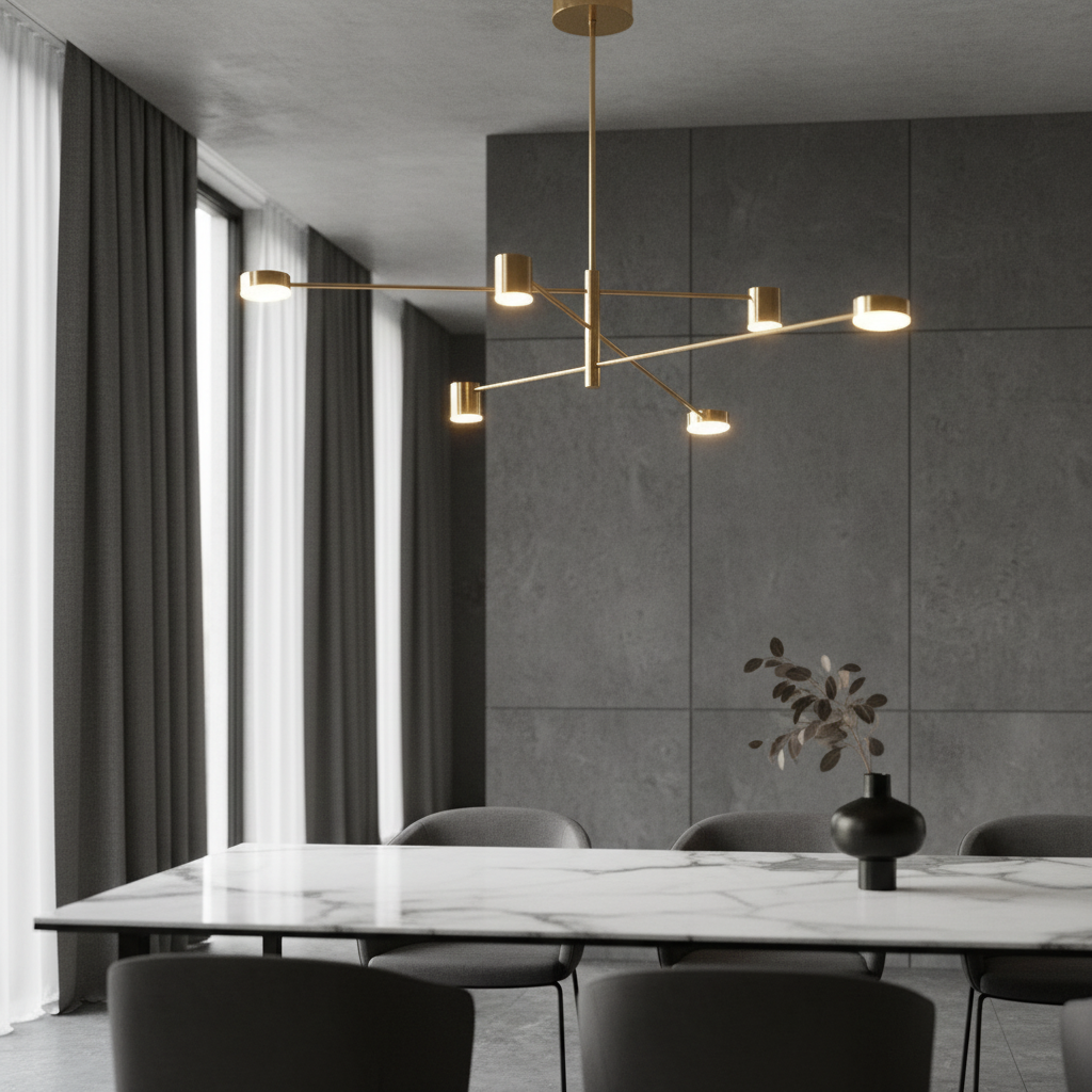 Winsor Blue Chandelier hanging above a modern dining table in a bright living room