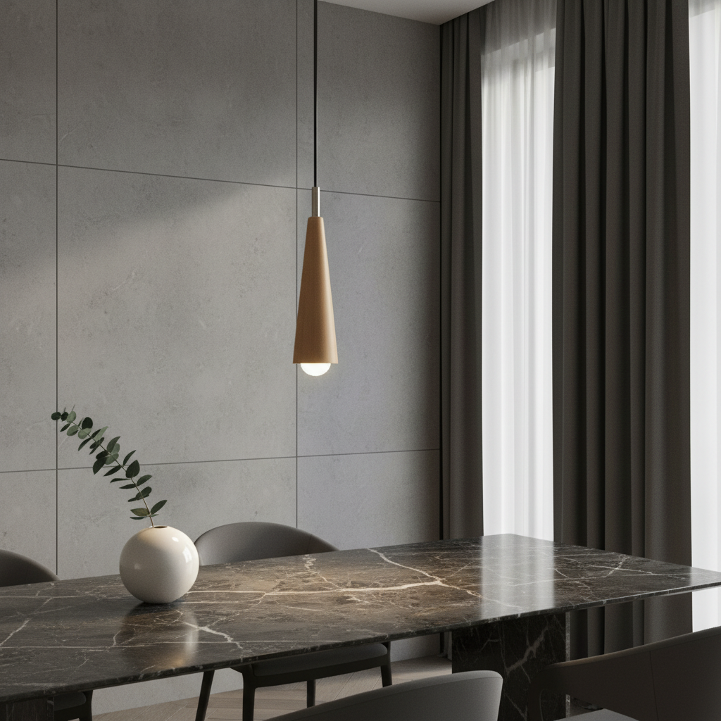 Monk pendant light with wood and copper cone hanging over a modern dining table in warm ambient light