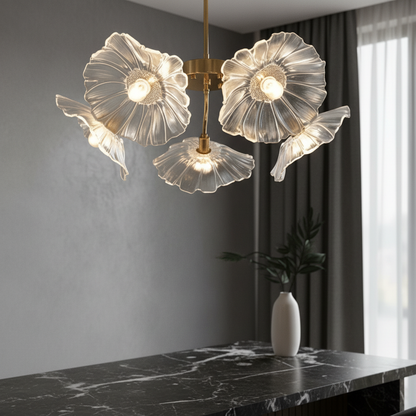 Uranium ceiling light illuminating modern living room with flower-shaped glass lampshades