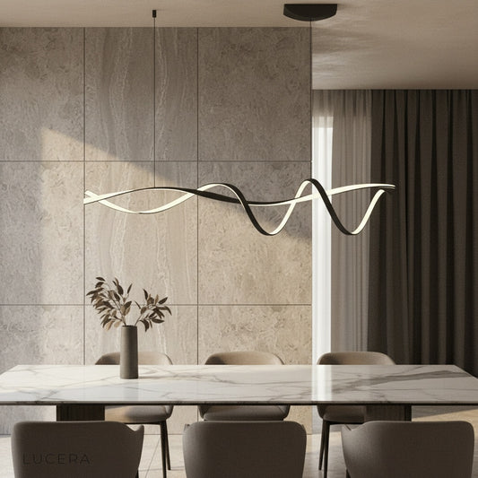 Benedictine pendant light glowing over modern dining table in elegant living room