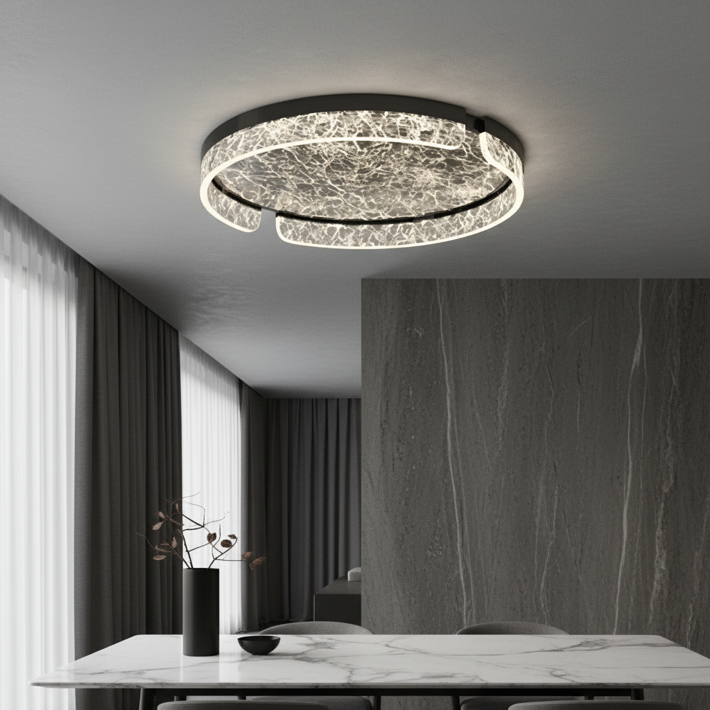 Zelie ceiling light glowing in modern living room with marbled glass diffuser