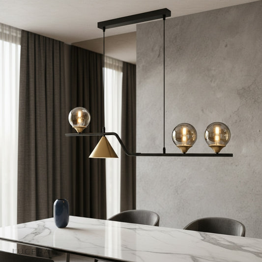 modern linear Trappist pendant light illuminating a contemporary dining room