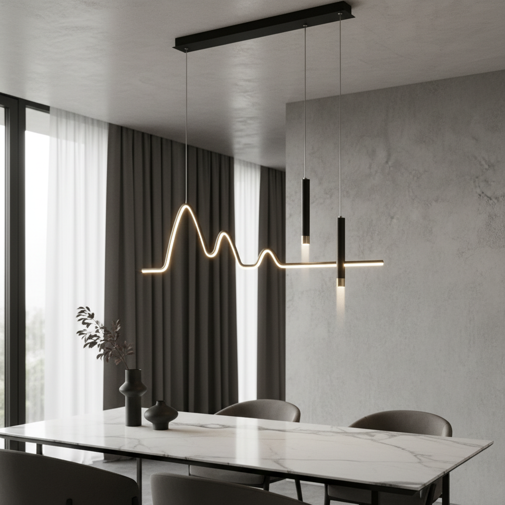 Magia pendant light with wavy iron shade glowing over a modern kitchen island