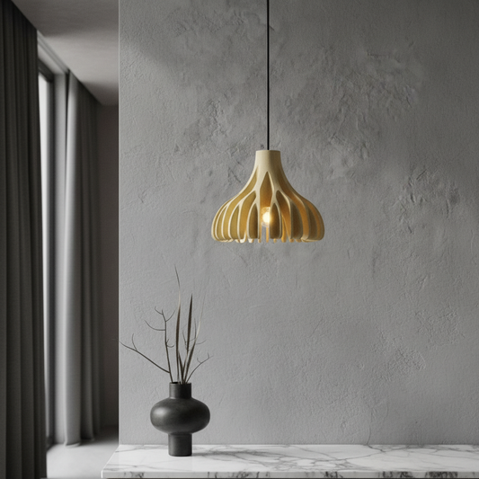Coral pendant light hanging over modern dining table in bright living room