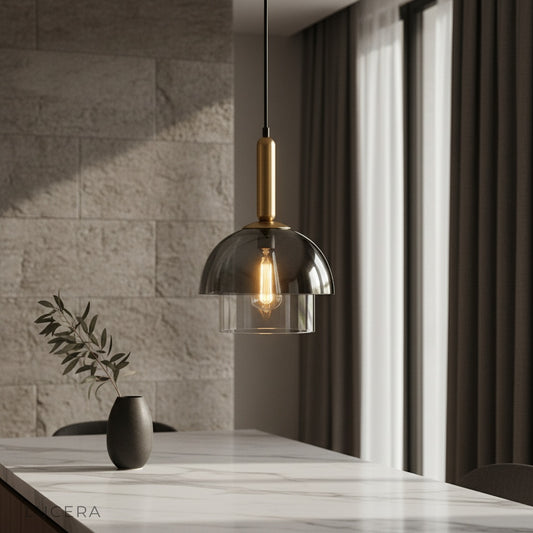 Chateau pendant light with smoked glass dome illuminating a modern dining room