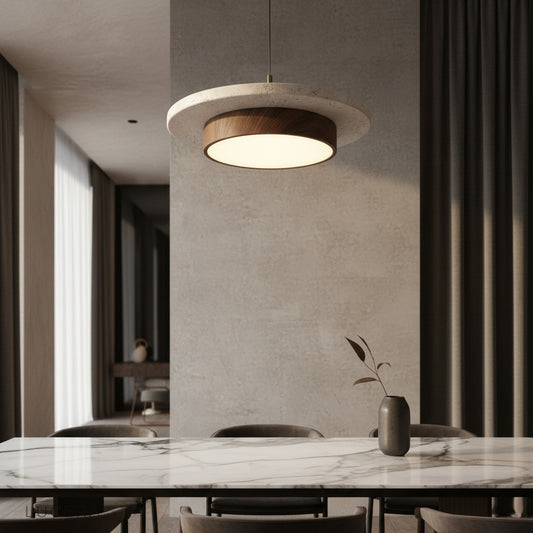 Nickel travertine ceiling light illuminating modern living room with soft ambient glow