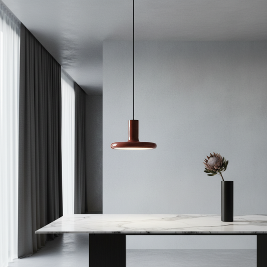 Bauhaus-inspired Waning chandelier hanging above a dining table in a modern living room