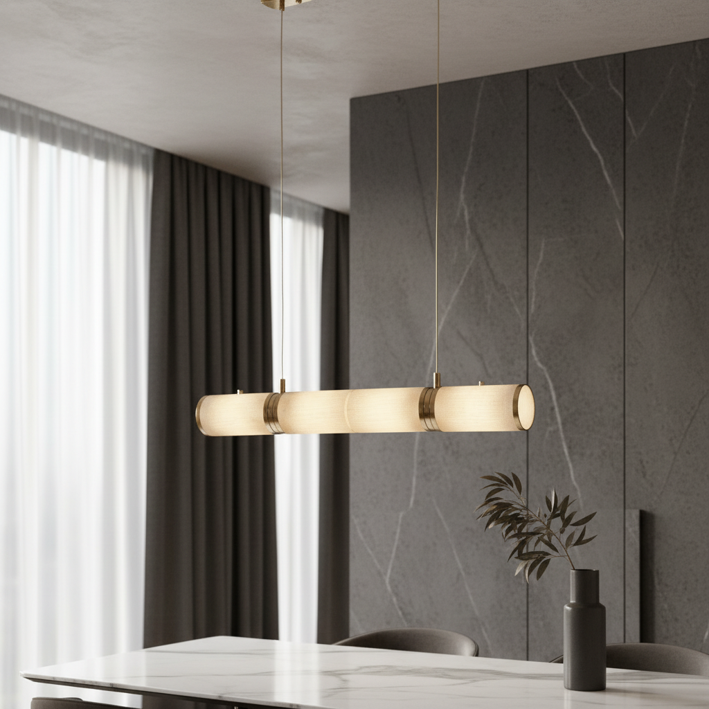 Vanguard Alabaster Chandelier illuminating modern kitchen island with warm ambient light