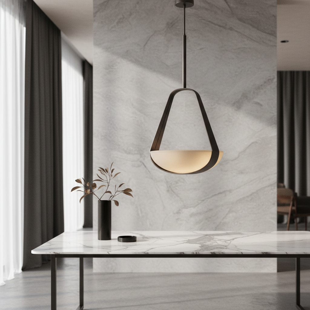 Talus pendant light hanging above a modern Nordic dining table in a bright living room