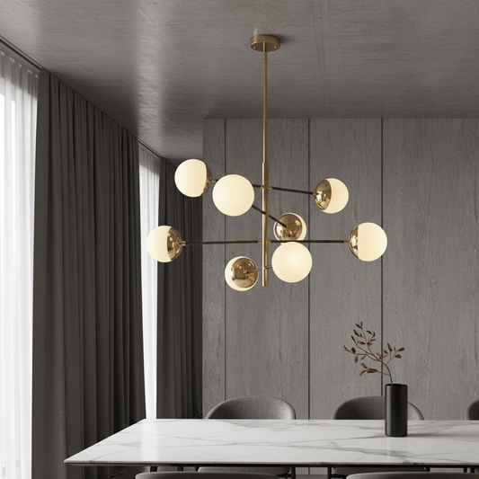 Burnt Sienna copper chandelier glowing above modern living room seating area