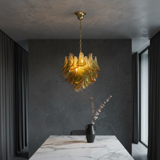 Tantalize Chandelier with green and red Murano glass hanging in a modern living room