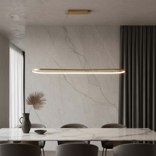 modern linear pendant light illuminating minimalist living room with warm glow