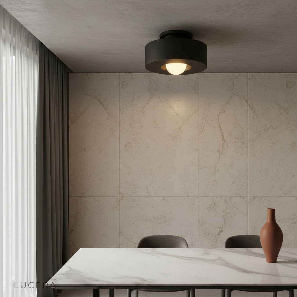 flush mount ceiling light glowing in modern living room with low ceiling
