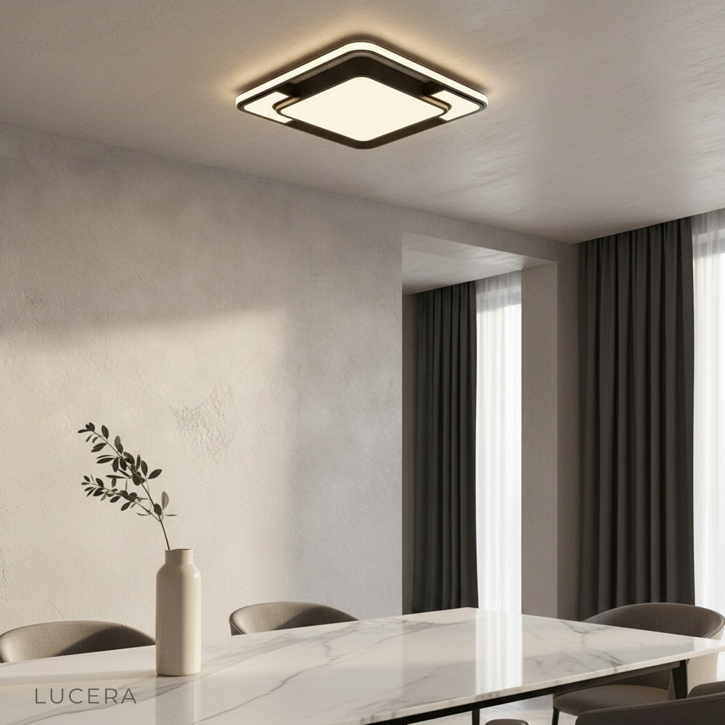 modern black geometric ceiling light illuminating contemporary living room with warm LED glow