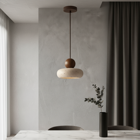 Mente travertine pendant light over wooden dining table in modern living room