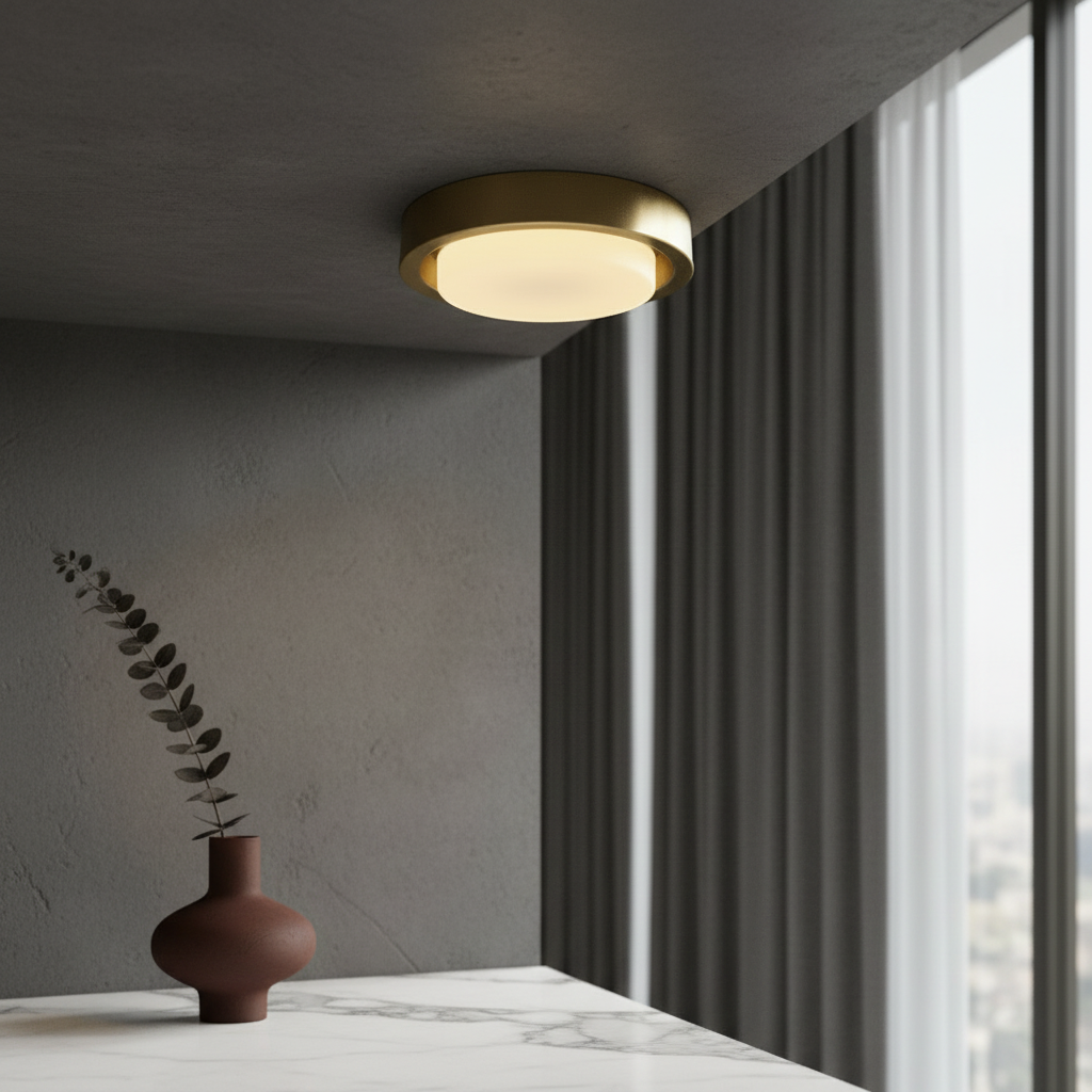 William Ceiling Light dark copper and gold glowing warmly in modern bedroom