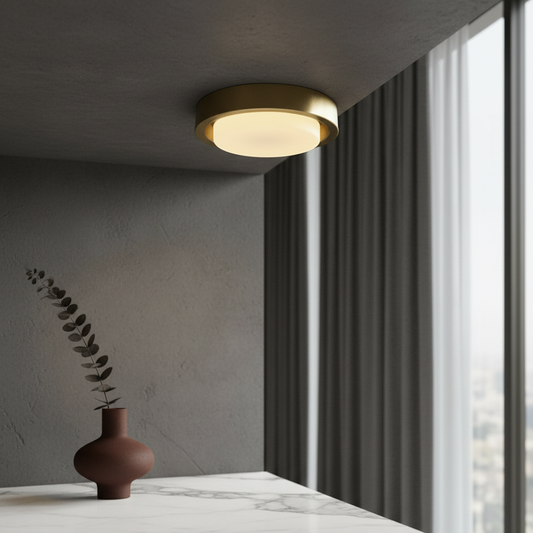 William Ceiling Light dark copper and gold glowing warmly in modern bedroom