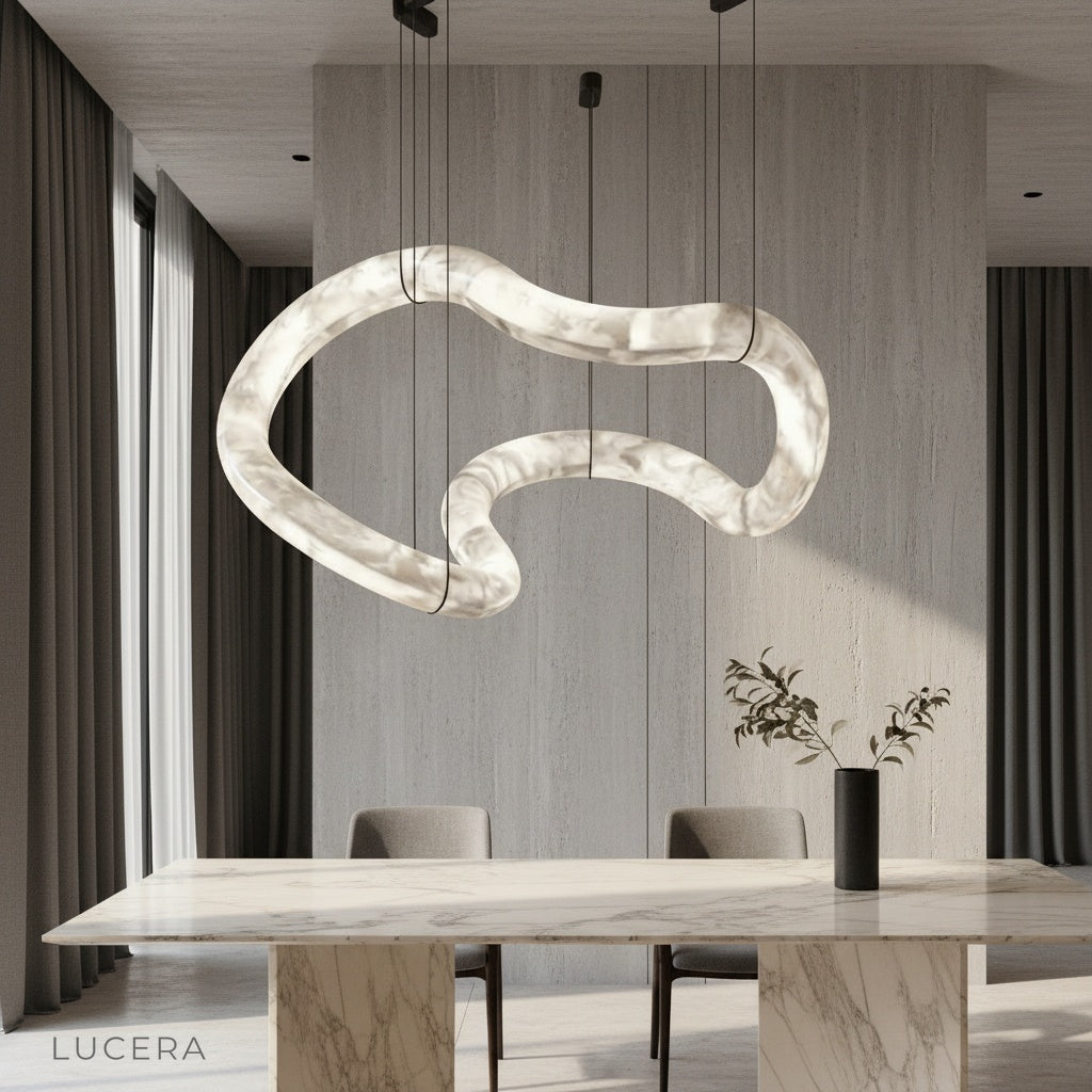 Fenwick alabaster chandelier glowing above a modern dining table in a bright living room