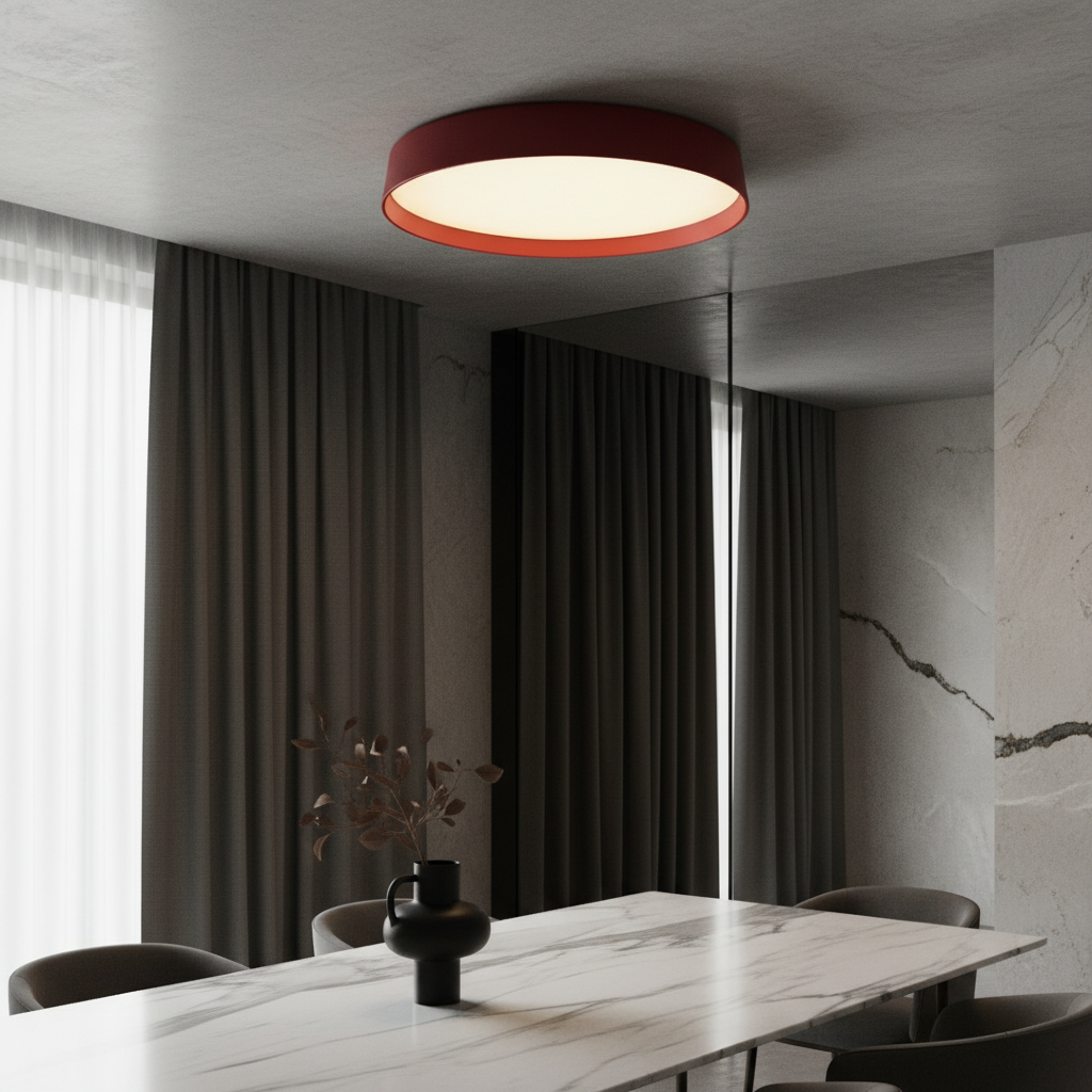 Xenith ceiling lamp glowing softly above modern living room sofa