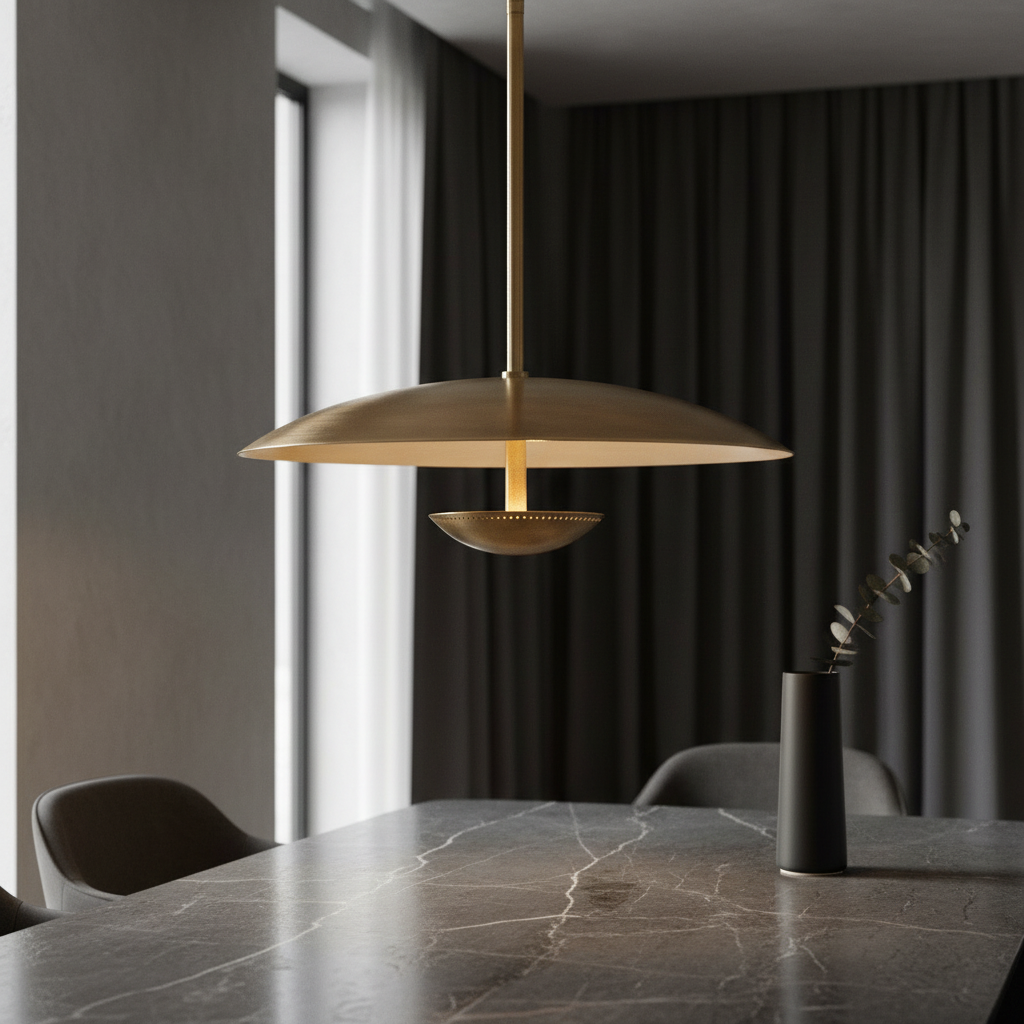 Ravish sculptural wide disc brass pendant light above dining table in modern interior