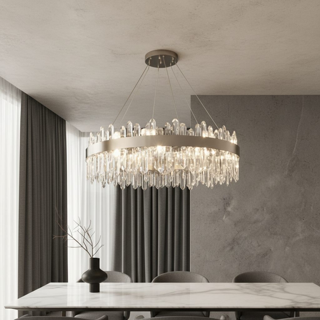 Eternal Chandelier by Lucera glowing in a luxurious living room with crystal cascading lampshade