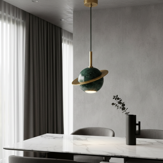 polished green marble pendant light with copper ring over bedside table