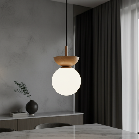 frosted glass kaleidoscope pendant light glowing above modern living room sofa