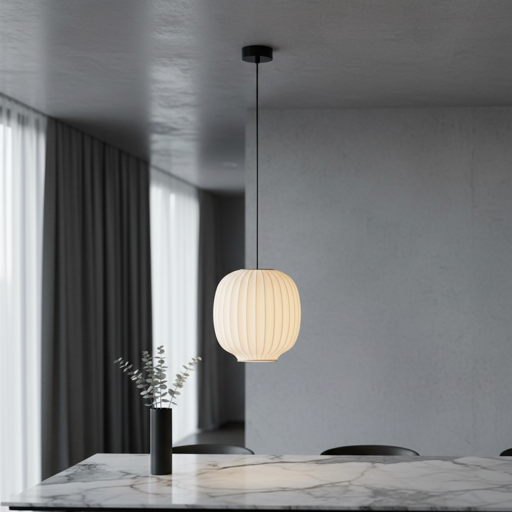 Quoin Pendant Light with silk shade illuminating a modern dining room