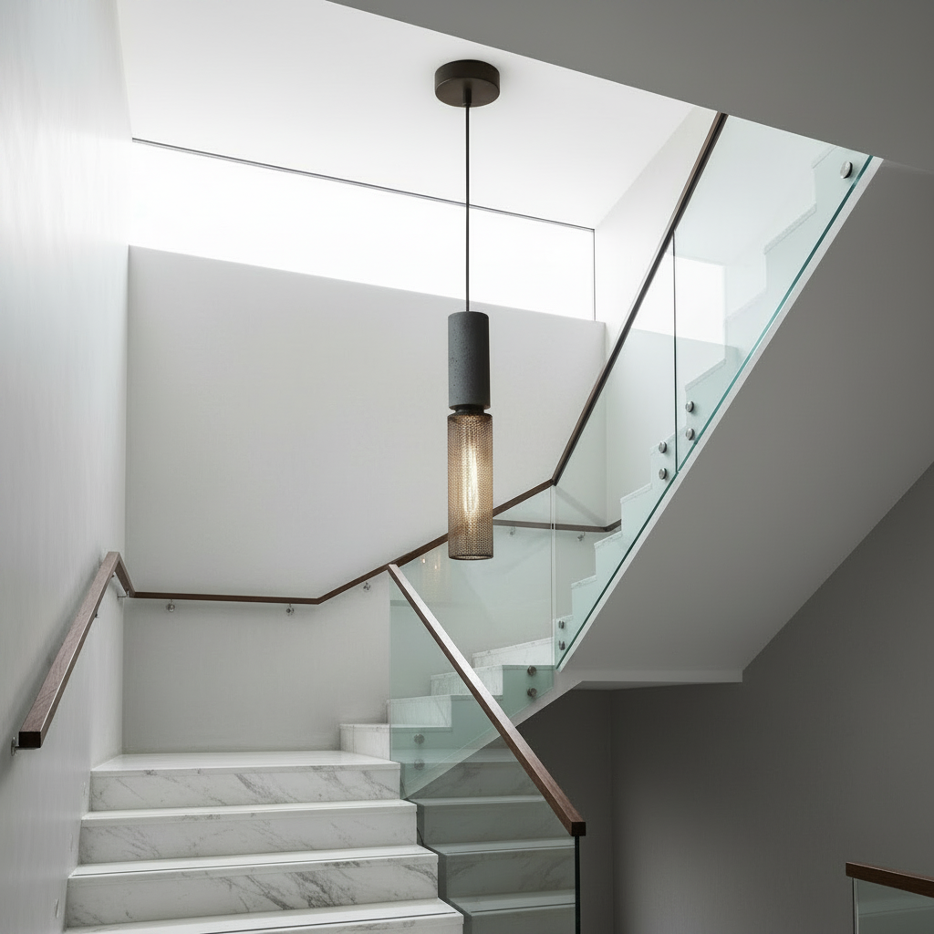 Ridge Pendant Light by Lucera hanging over a modern dining table with black mesh iron shade glowing warmly