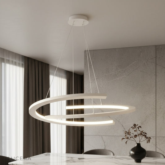 modern Gleam chandelier with layered rings illuminating contemporary living room