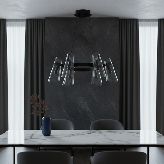 Meteor Chandelier by Lucera glowing above a modern dining table in a bright living room