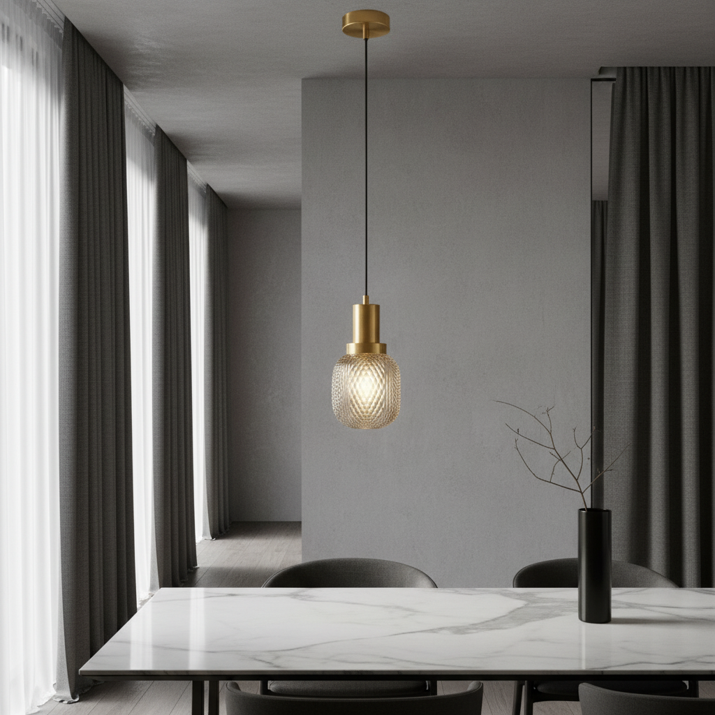 Silvia pendant light glowing over modern dining table in stylish living room