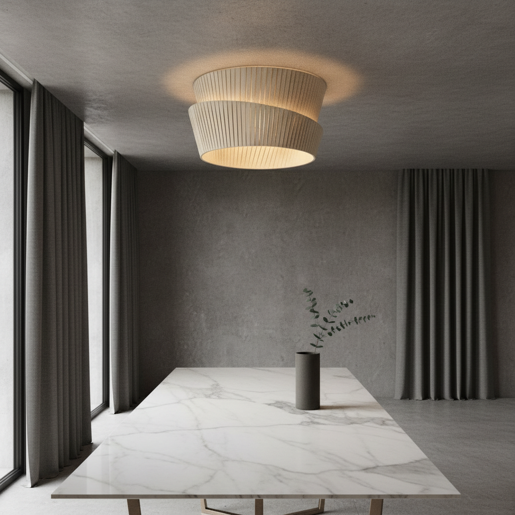 Eulalia ceiling light with layered pleated fabric shade glowing in a modern living room
