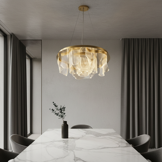 Sisyphus ceiling light gold aluminum acrylic glowing in modern living room