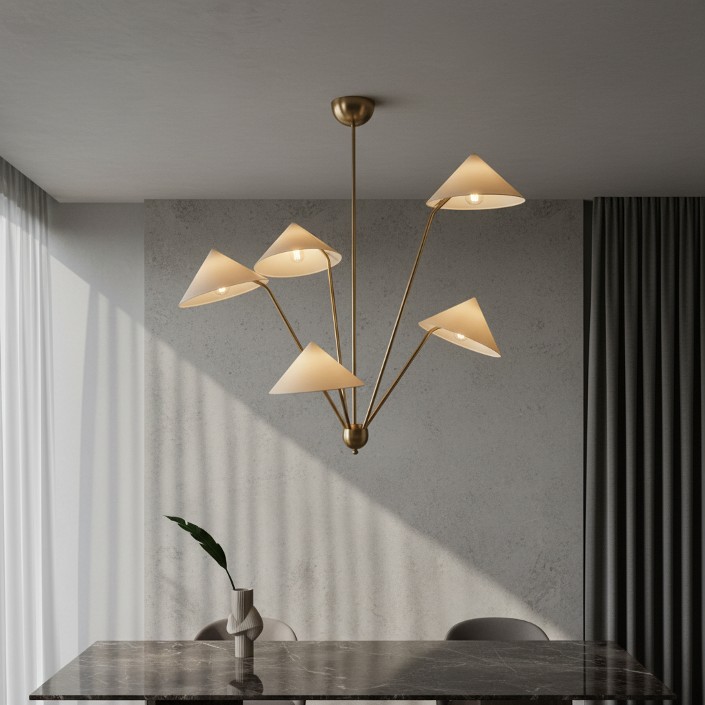 Genevieve ceiling light with rustic Japanese cloth shade in bright modern living room