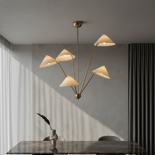 Genevieve ceiling light with rustic Japanese cloth shade in bright modern living room