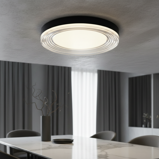 modern black ceiling light with acrylic rings illuminating a cozy living room