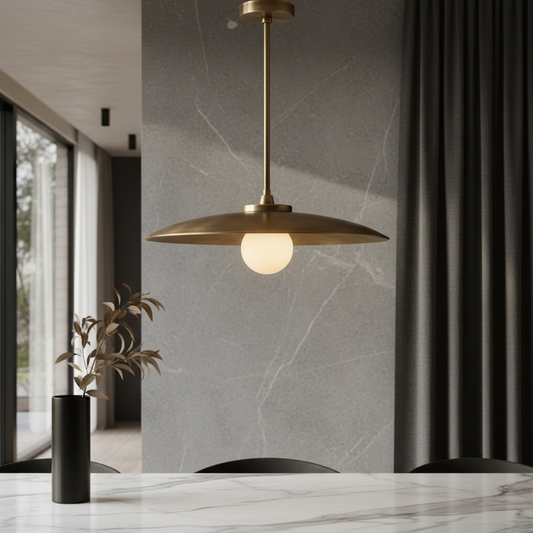 Brass Sylvaine pendant light hanging over a modern dining table with curved shade