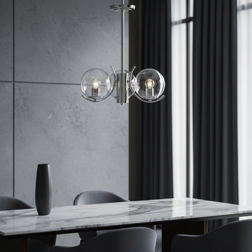 modern glass globe chandelier hanging above dining table in contemporary living room