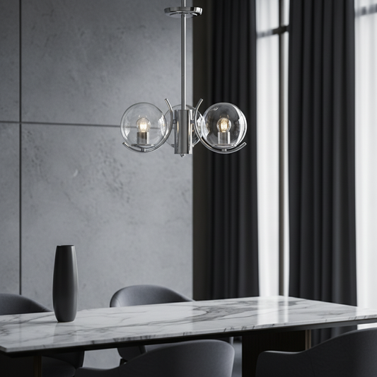 modern glass globe chandelier hanging above dining table in contemporary living room