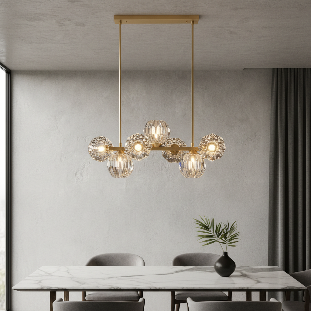 Unisono Linear Chandelier glowing warm white over modern dining table in open living room