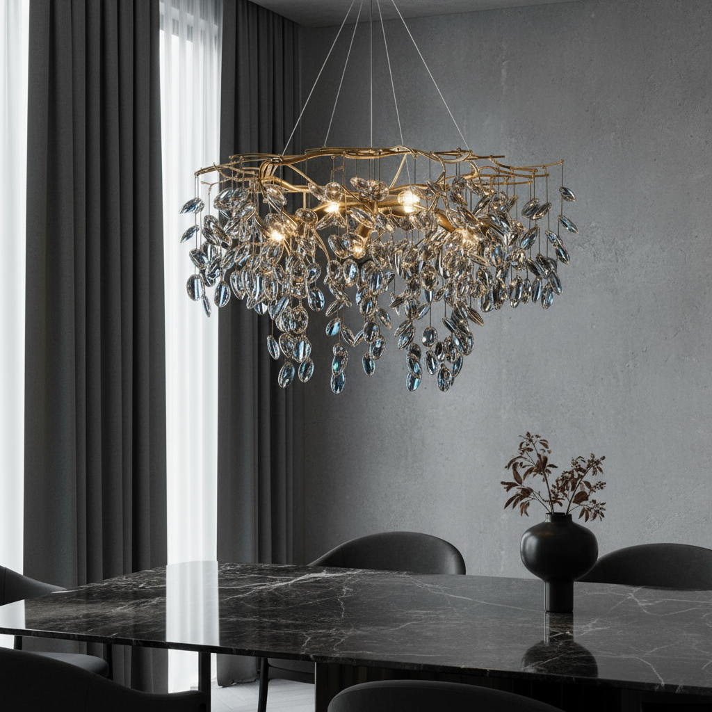 Lapis Lazuli Chandelier with copper branches and crystal drops illuminating an elegant dining room