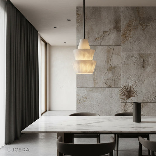 Fillet Alabaster pendant light glowing over modern dining table in warm neutral living space