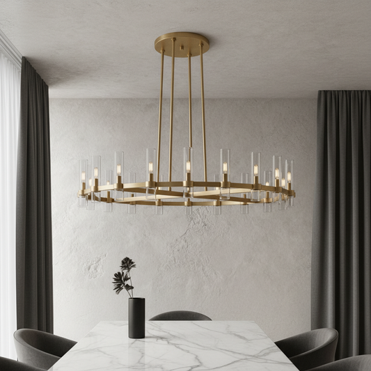 Nailhead Candela chandelier glowing in modern dining room with warm ambient light